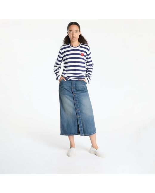 COMME DES GARÇONS PLAY Blue T-Shirt Stripe Emblem X Rhinestone Long Sleeve Tee