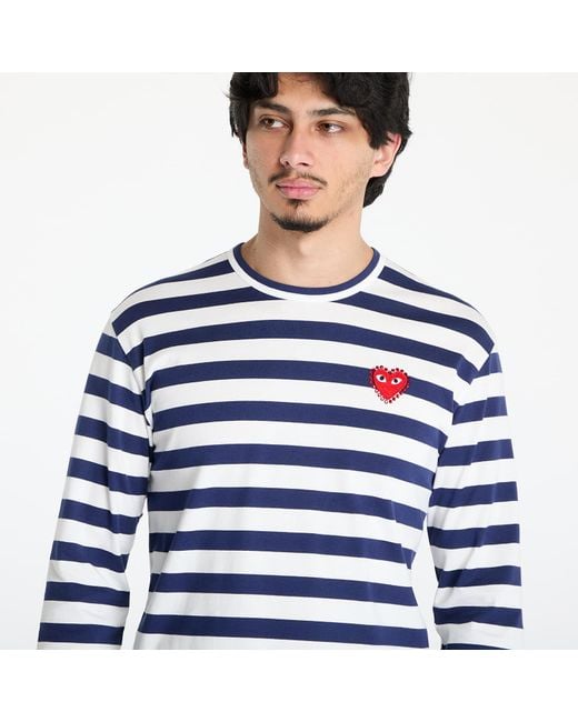 COMME DES GARÇONS PLAY Blue T-Shirt Stripe Emblem X Rhinestone Long Sleeve Tee