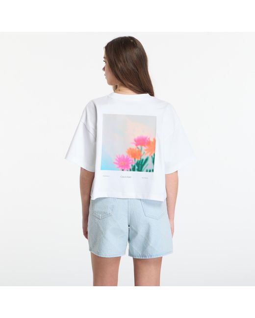 Calvin Klein White T-Shirt Jeans Ss Cropped Boxy Satin Floral Tee