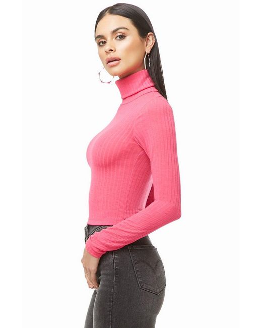 Ribbed Turtleneck Top in Hot Pink 