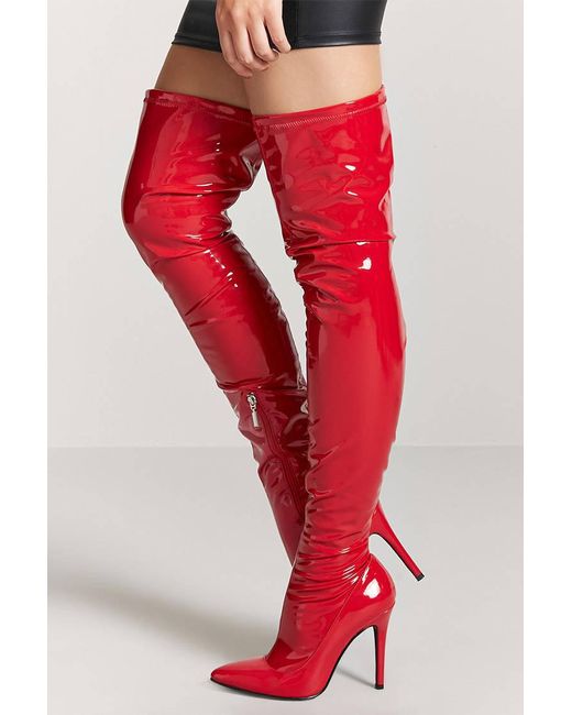 red thigh high latex boots