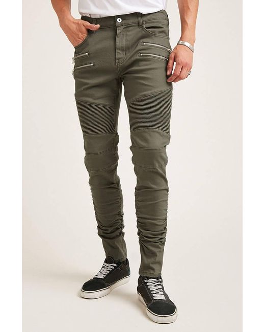 Denim Ruched Moto Jeans in Olive (Green 