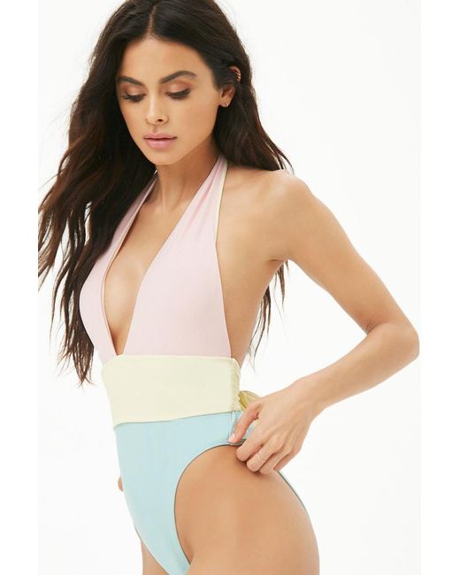 Forever 21 Synthetic Colorblock Halter One Piece Swimsuit Lyst Canada