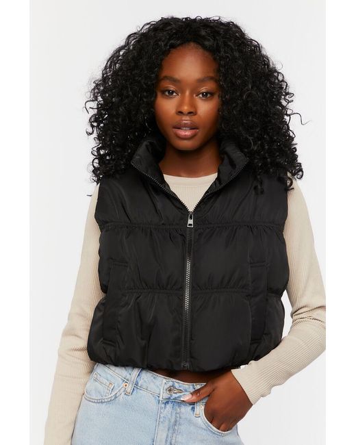 Forever 21 Women Zip-up Puffer Vest in Black | Lyst