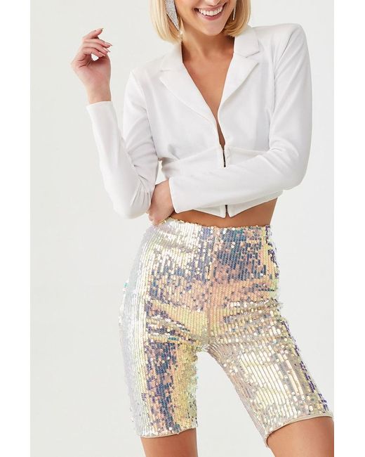Synthetic Sequin Biker Shorts , White 