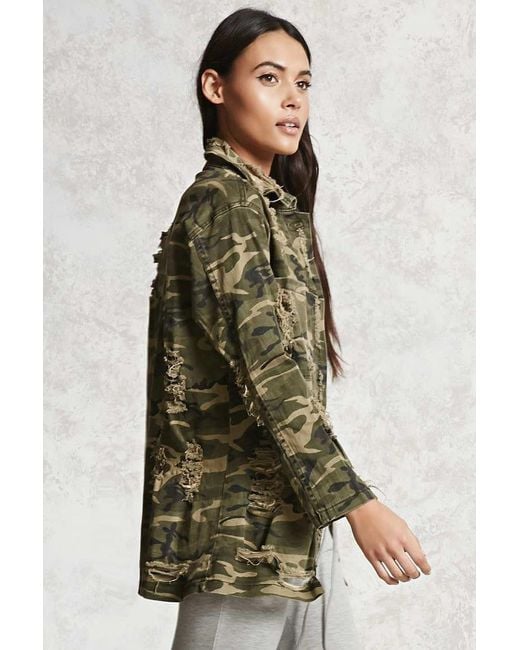 Forever 21 Distressed Camo Denim Jacket 
