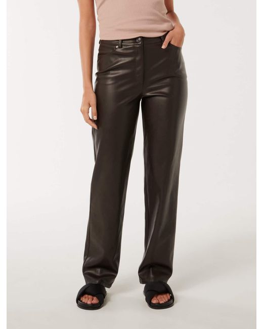 Forever New Black Una Vegan Leather Straight-Leg Trousers