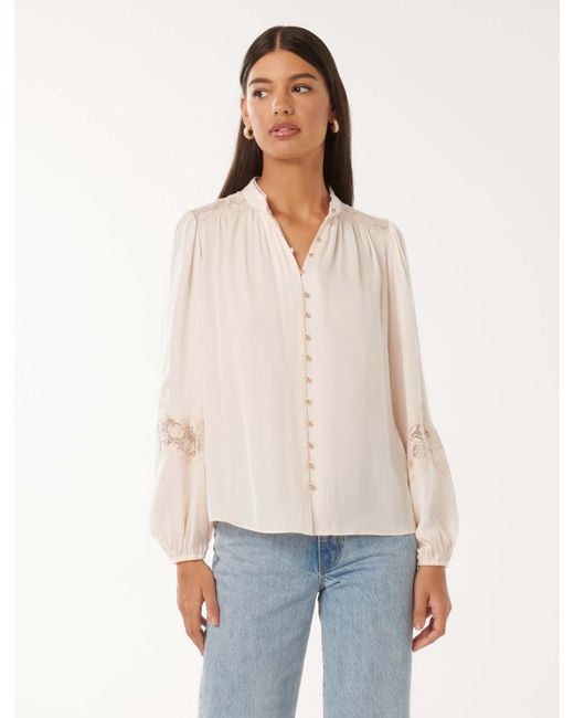 Forever New White Annalise Lace-Sleeve Blouse