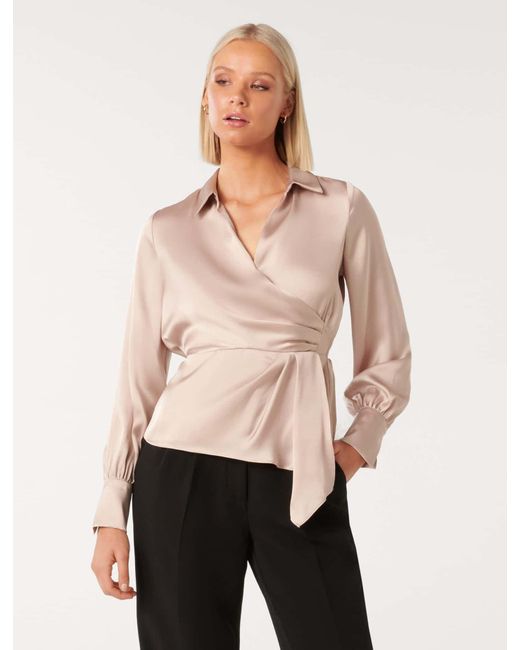 Forever New Natural Ginny Draped Wrap Blouse