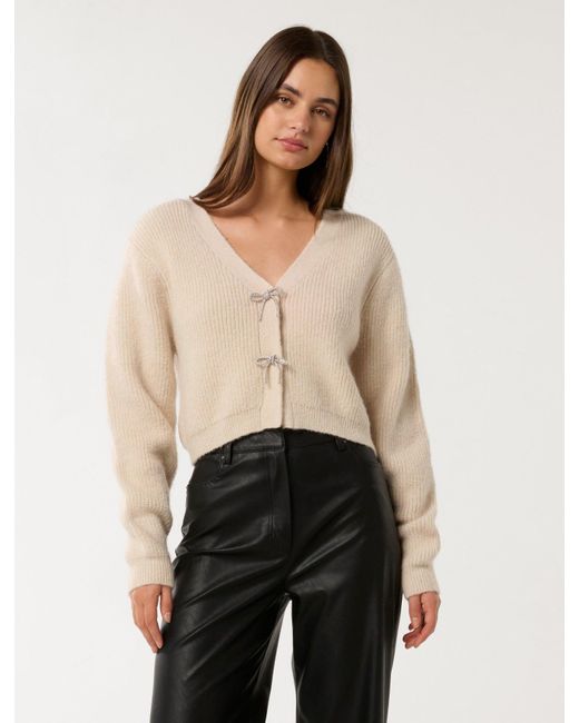 Forever New Natural Dana Bow Detail Fluffy Cardigan Sweater