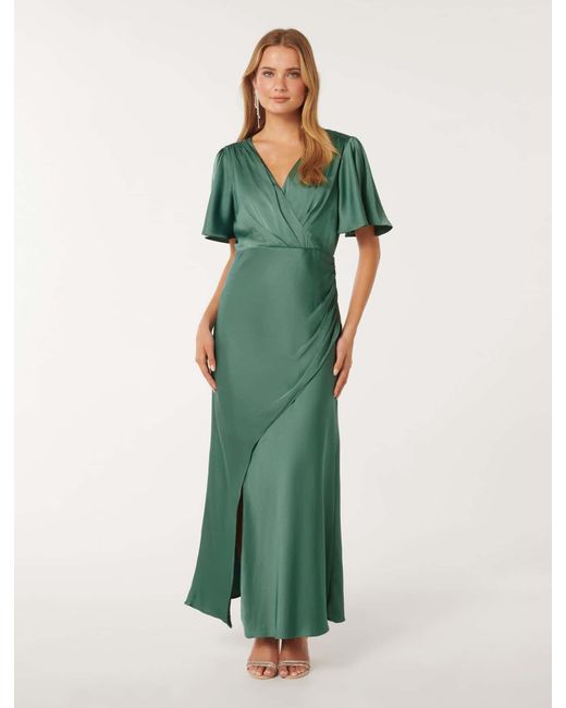Forever New Green Chelsea Flutter-Sleeve Satin Maxi Dress