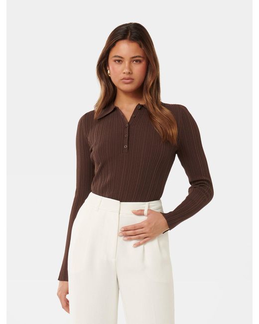 Forever New Brown Vida Polo Knit Top