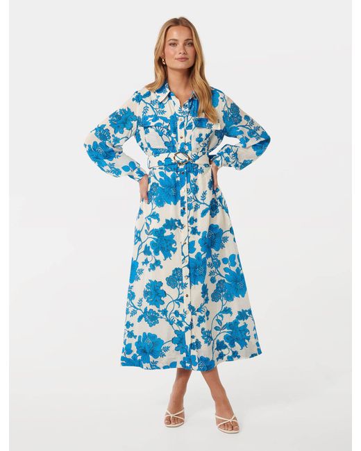 Forever New Blue Janie Printed Midi Shirt Dress