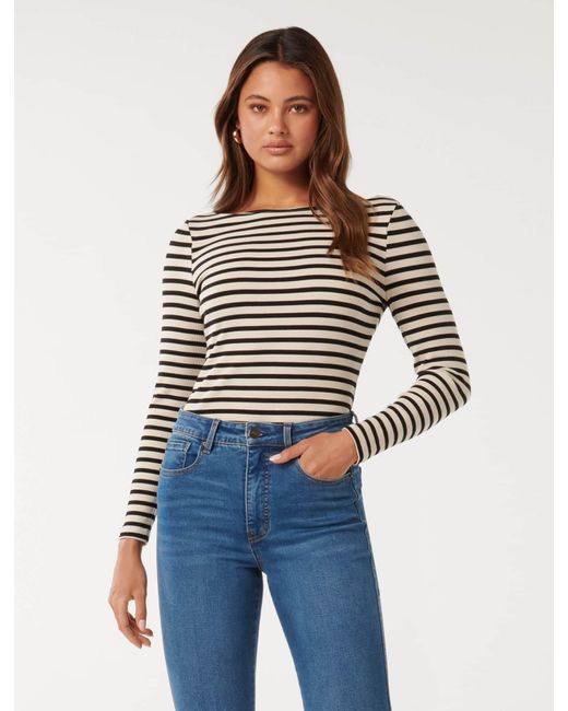 Forever New Blue Brie Striped Boat Neck Long Sleeve Top