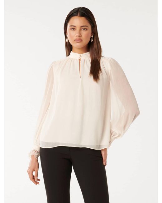 Forever New Natural Cassidy Lace-Cuff Blouse