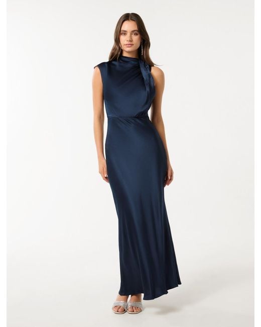 Forever New Blue Sienna High-Neck Satin Maxi Dress