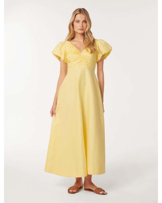 Forever New Yellow June Ruched Linen Midi Dress