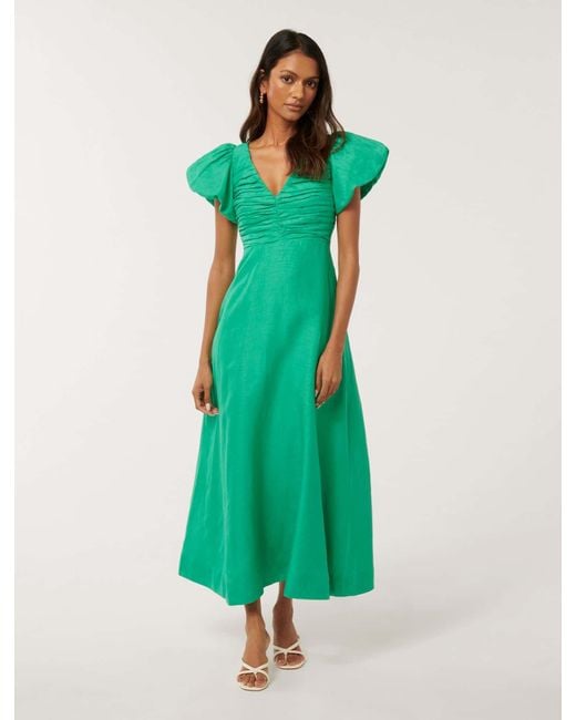 Forever New Green June Petite Ruched Linen Midi Dress