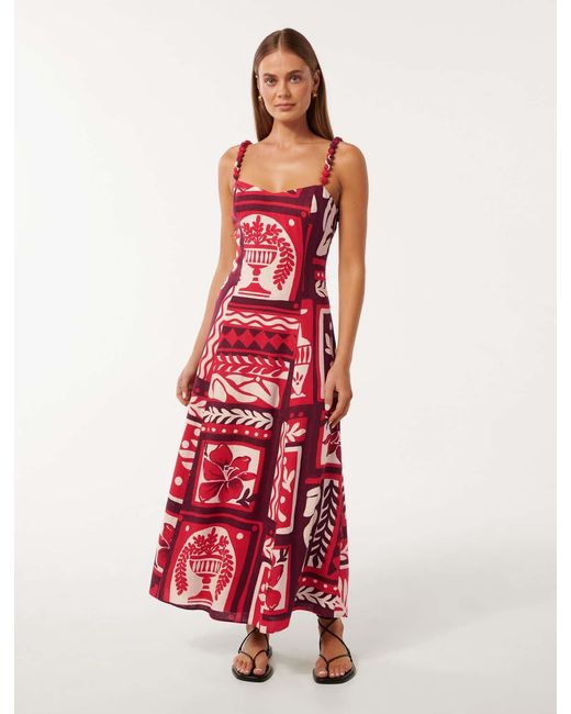 Forever New Red Simona Square-Neck Linen Midi Dress