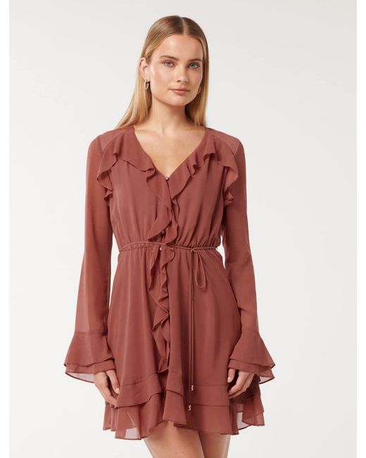 Forever New Red Piper Ruffle Long Sleeve Mini Dress