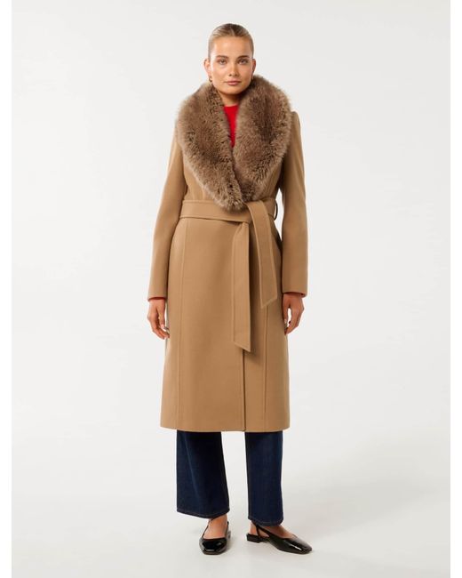 Forever New Black Monica Fur Collar Wrap Coat