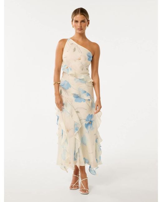 Forever New White Belle Petite One-Shoulder Ruffle Gown