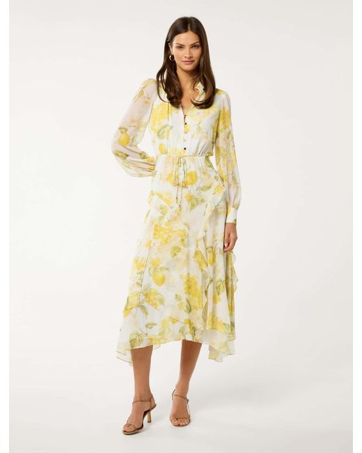 Forever New Yellow Sutton Ruffle Hem Midi Dress