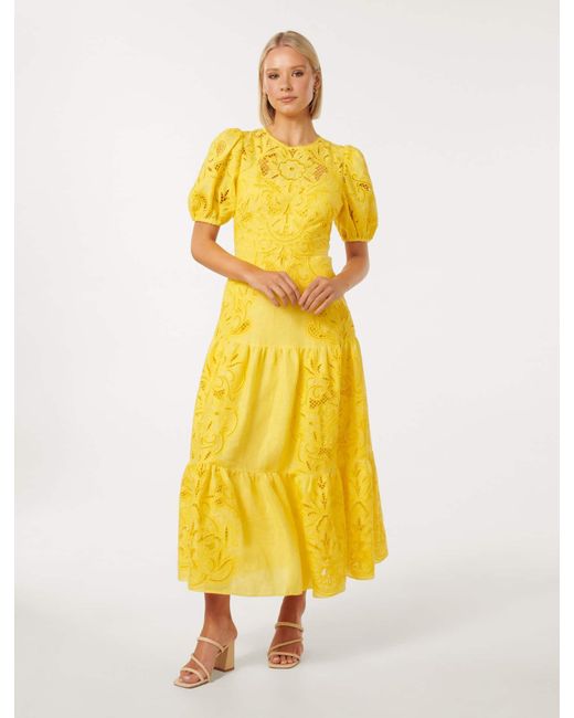 Forever New Yellow Lottie Broderie Midi Dress