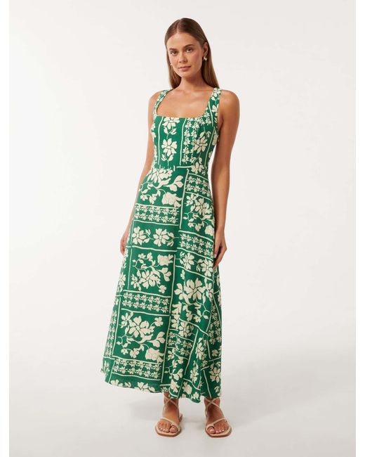 Forever New Green Tori Square-Neck Linen Midi Dress