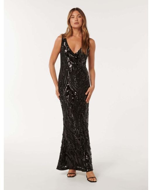 Forever New Black Marlena V-Neck Sequin Gown