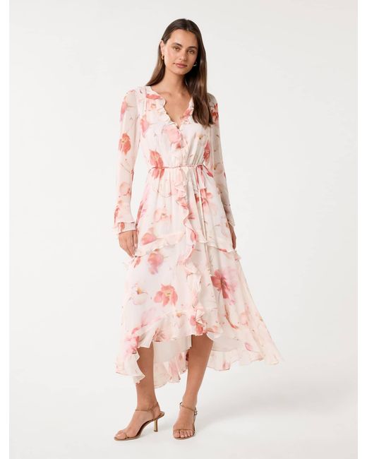 Forever New Pink Kya Long Sleeve Frill Midi Dress