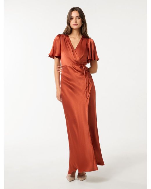 Forever New Red Satin Flutter-Sleeve Wrap Dress