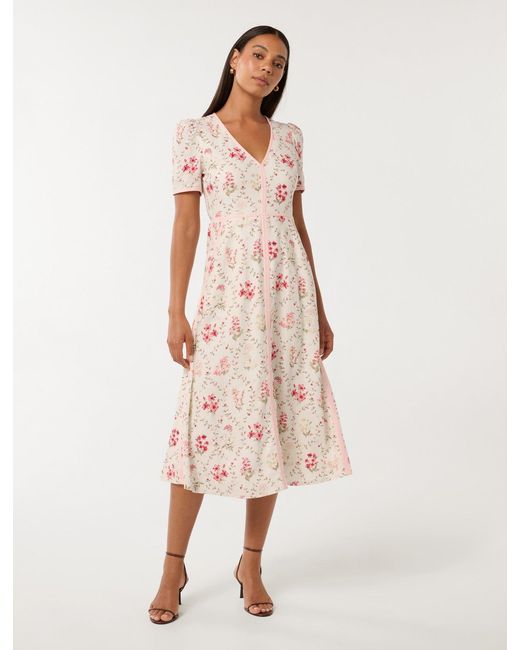 Forever New Pink Sabrina Printed Linen Midi Dress