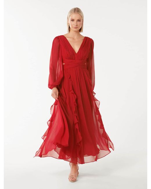 Forever New Red Rosalyn Long-Sleeve Frill Dress