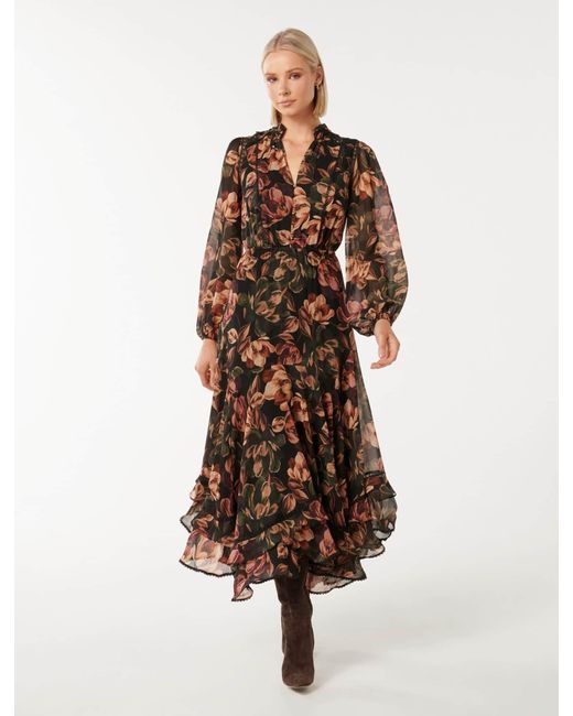 Forever New Brown Matiese Button-Up Ruffle Midi Dress