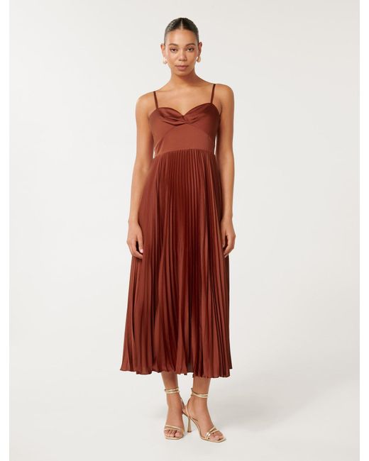 Forever New White Satin Pleated Midi Dress