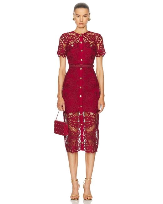 Self-Portrait Red Guipure Lace Button Midi Dress