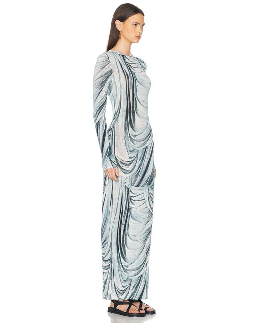Rabanne Blue Drape Printed Long Sleeve Dress