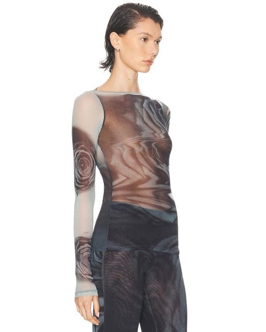 Jean Paul Gaultier Gray Boat Neck Blurry Roses Printed Long Sleeve Top