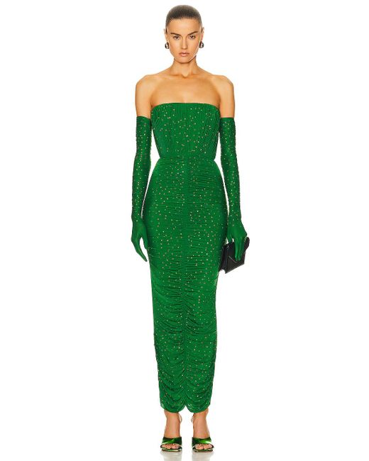 Alex Perry Green Strapless Ruched Crystal Column Glove Dress