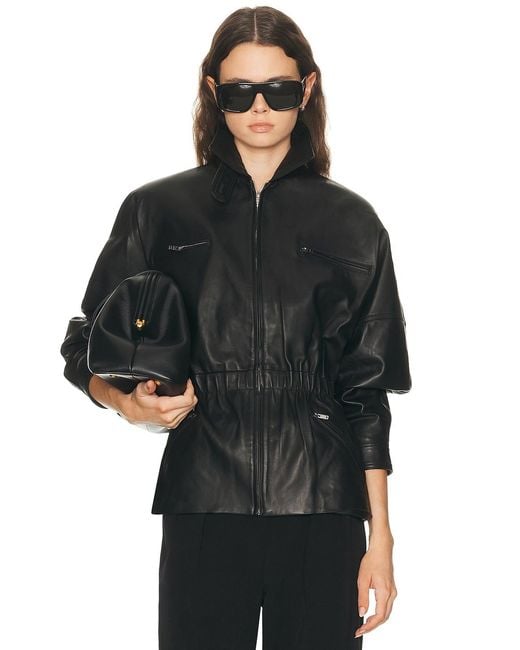 AEXAE Black Leather Cinched Mid Jacket