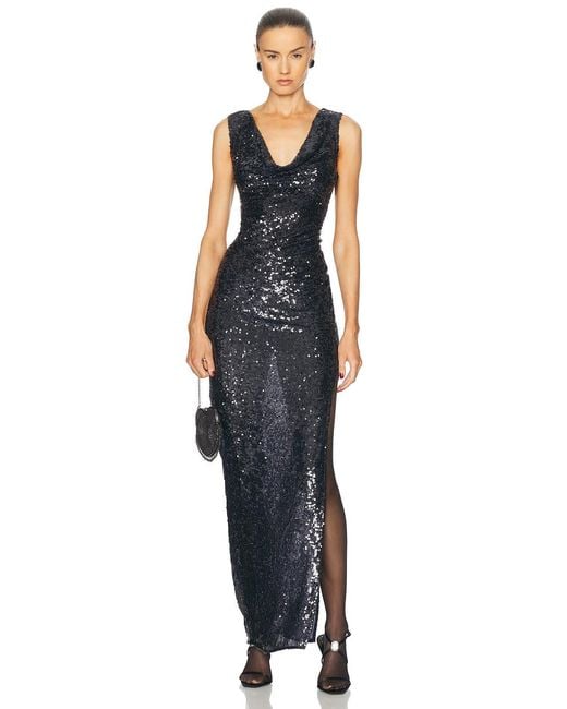 LAPOINTE Blue Sequin Cowl Neck Gown