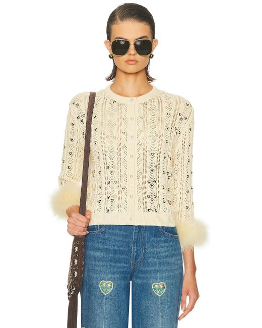 Valentino Blue Embroidered Feather Cuff Cardigan