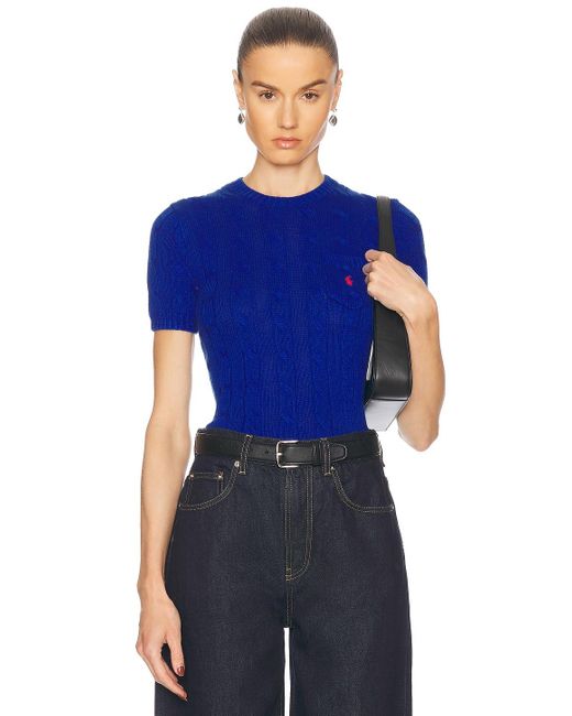 Polo Ralph Lauren Blue Cable-Knit Cotton Short-Sleeve Sweater