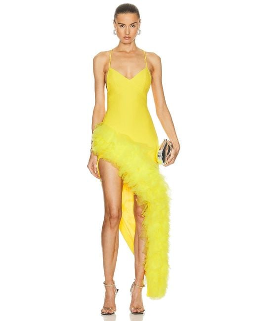 David Koma Yellow Asymmetrical Ruffled Hem Cami Dress