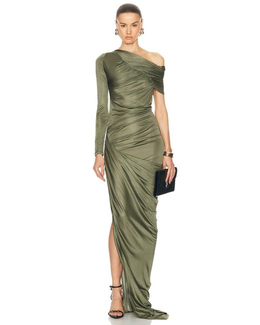 Atlein Green Off The Shoulder One Sleeve Ruched Gown