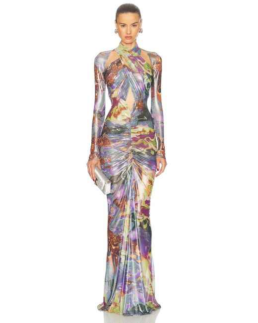 LAPOINTE White Printed Mesh Halter Ruched Gown