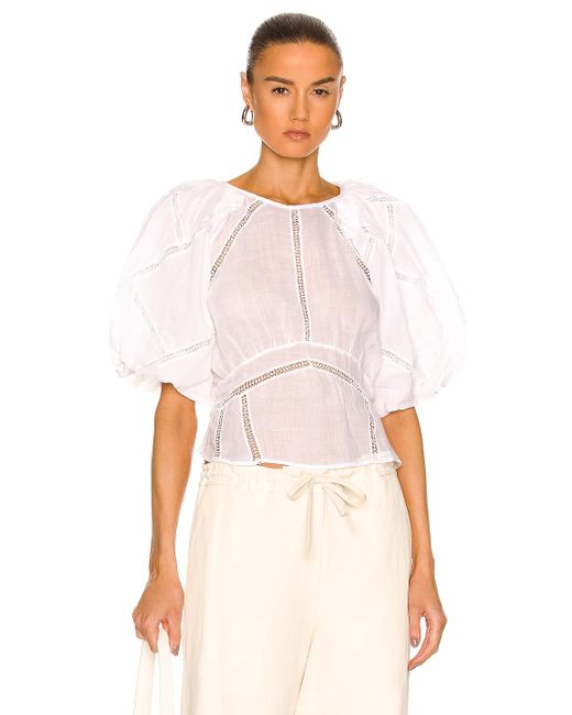 FRAME Inset Lace Gathered Seam Top in White | Lyst