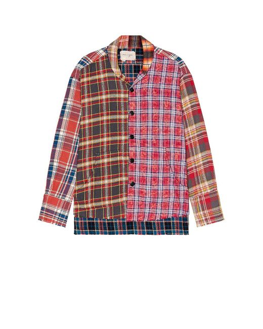 Greg Lauren Red Mixed Plaid Shawl Collar Boxy Shirt for men