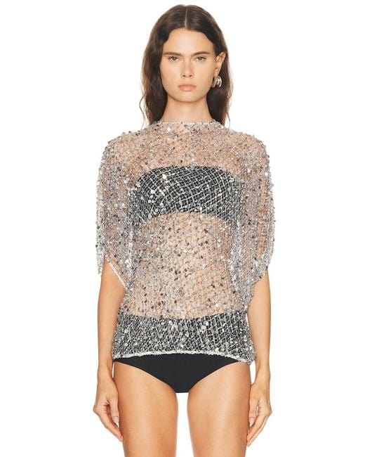 LAPOINTE Gray Net Mesh Sequin Cape Tee